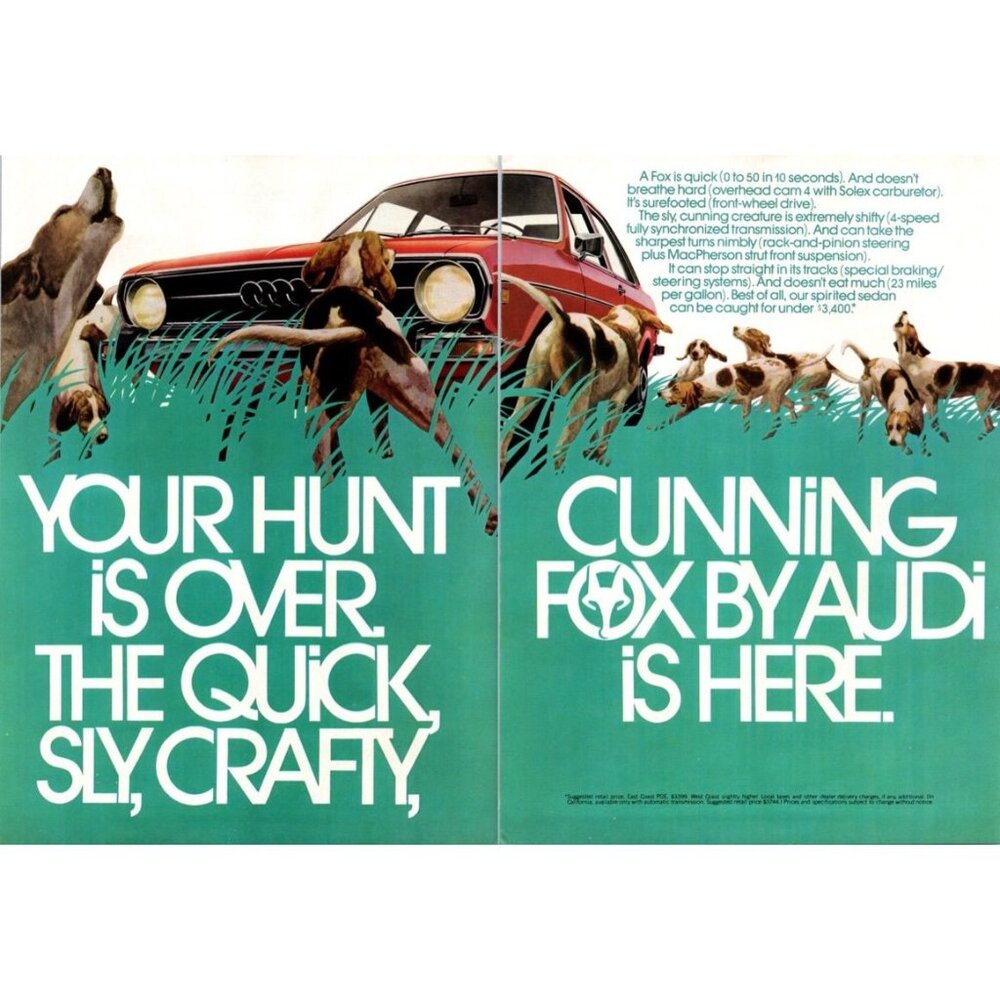 1973 Audi Fox 2 Door 2 Page Vintage Print Ad Hunt Hunting Dogs 70s Wall Art